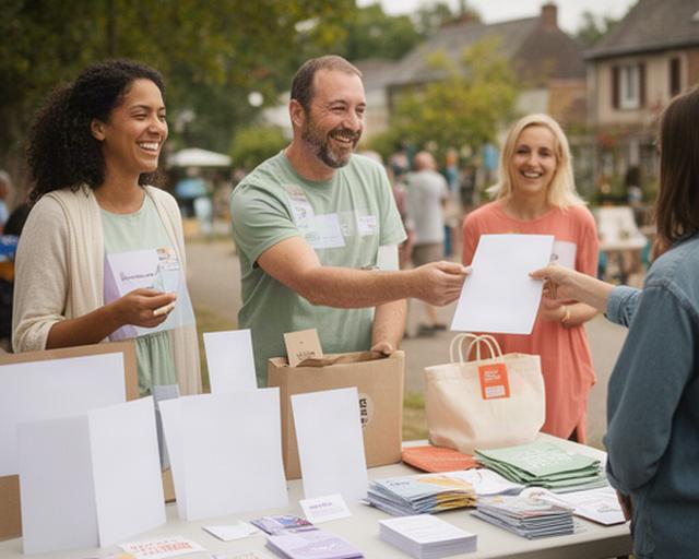 Volontari a un banchetto solidale con manifesti, locandine e materiale informativo stampato